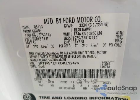 2013 Ford F-150 Xlt из США, поврежденный, VIN 1FTFW1EFXDKE92476